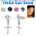 hexzd36 plain 925 silver helix ear stud w dangling plain cross 