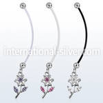 pndz178 pregnancy belly ring w dangling cz studded flower 