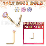 rnsczm15 14 karat rose gold l shaped nose stud 22g color cz