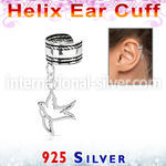silver helix ear cuff w a rope edge w a bird dangling 
