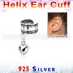silver helix ear cuff w a rope edge w a heart dangling 