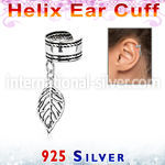 silver helix ear cuff w a rope edge w a leaf dangling 