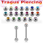 surgical steel tragus barbell, 16g (1.2mm) with a top 3mm bezel jewel ball and a plain 3mm steel ball