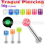 tlbgld3 316l steel tragus labret 16g 3mm glow in the dark dice 