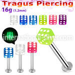 tlbgld4s 316l steel tragus labret 16g 4mm glow in the dark dice 