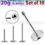 xlb20g set w 10 surgical steel labret posts w 0.8mm threading